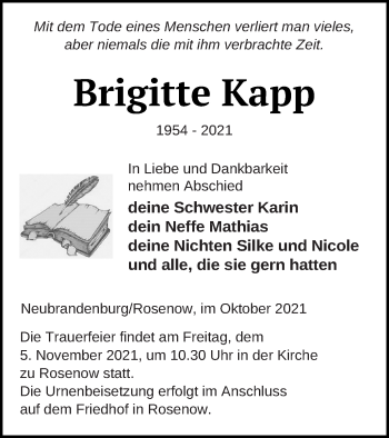 Traueranzeigen Von Brigitte Kapp Trauer Nordkurier