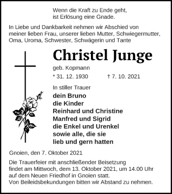 Traueranzeigen Von Christel Junge Trauer Nordkurier