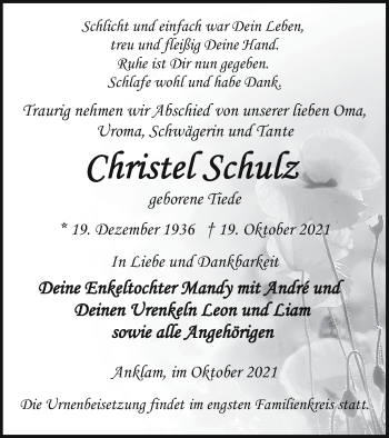 Traueranzeigen Von Christel Schulz Trauer Nordkurier