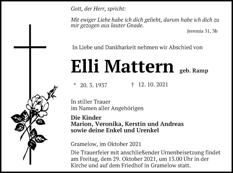  Traueranzeige für Elli Mattern vom 15.10.2021 aus Neubrandenburger Zeitung