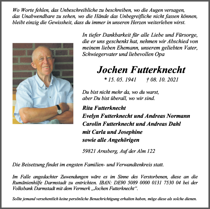  Traueranzeige für Jochen Futterknecht vom 16.10.2021 aus Vorpommern Kurier
