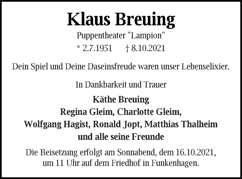  Traueranzeige für Klaus Breuing vom 12.10.2021 aus Strelitzer Zeitung