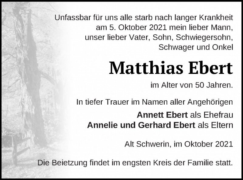  Traueranzeige für Matthias Ebert vom 13.10.2021 aus Müritz-Zeitung