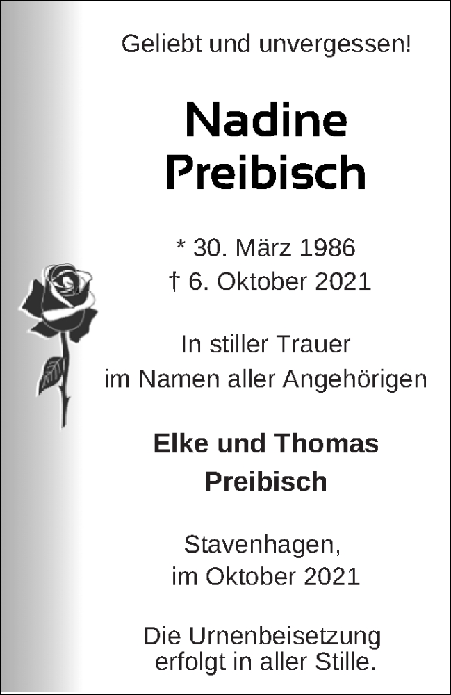  Traueranzeige für Nadine Preibisch vom 16.10.2021 aus Mecklenburger Schweiz