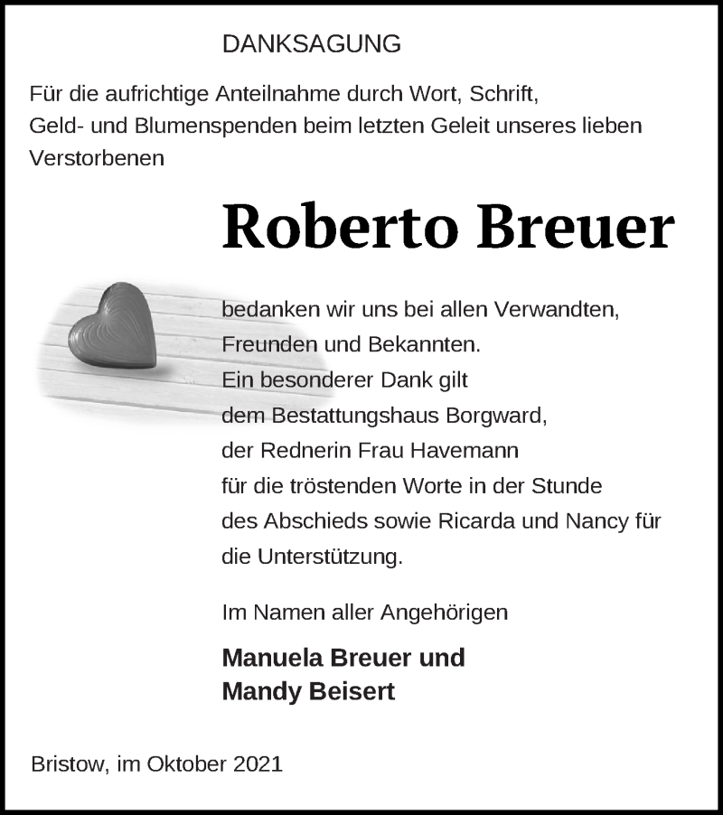  Traueranzeige für Roberto Breuer vom 15.10.2021 aus Mecklenburger Schweiz