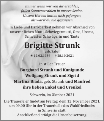 Traueranzeigen Von Brigitte Strunk Trauer Nordkurier