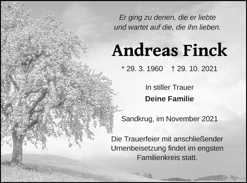  Traueranzeige für Andreas Finck vom 19.11.2021 aus Pasewalker Zeitung