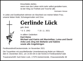 Traueranzeigen Von Gerlinde L Ck Trauer Nordkurier