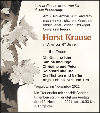 Traueranzeigen Von Horst Krause Trauer Nordkurier