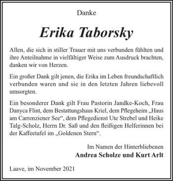 Traueranzeigen Von Erika Taborsky Trauer Nordkurier