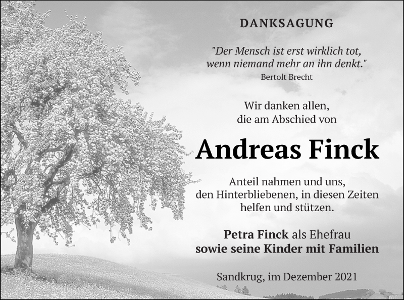  Traueranzeige für Andreas Finck vom 14.12.2021 aus Pasewalker Zeitung