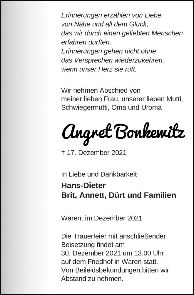  Traueranzeige für Angret Bonkewitz vom 23.12.2021 aus Müritz-Zeitung