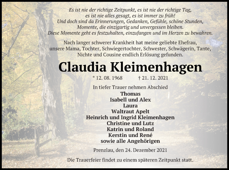  Traueranzeige für Claudia Kleimenhagen vom 24.12.2021 aus Prenzlauer Zeitung