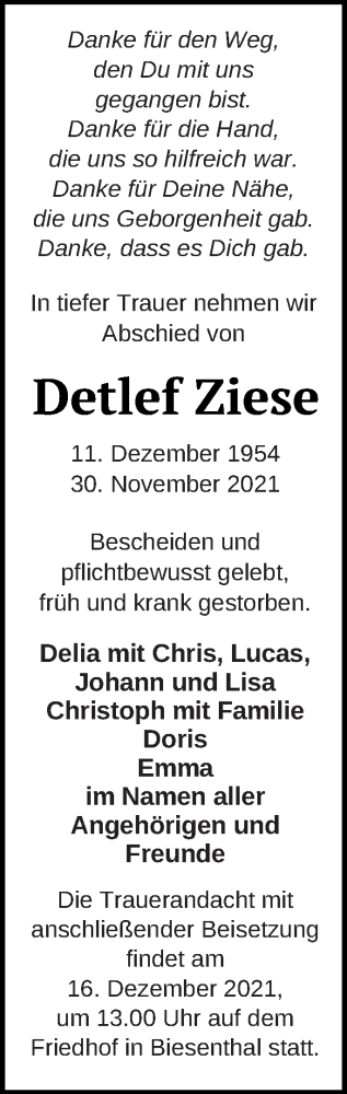  Traueranzeige für Detlef Ziese vom 08.12.2021 aus Prenzlauer Zeitung