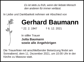 Traueranzeige von Gerhard Baumann von Müritz-Zeitung
