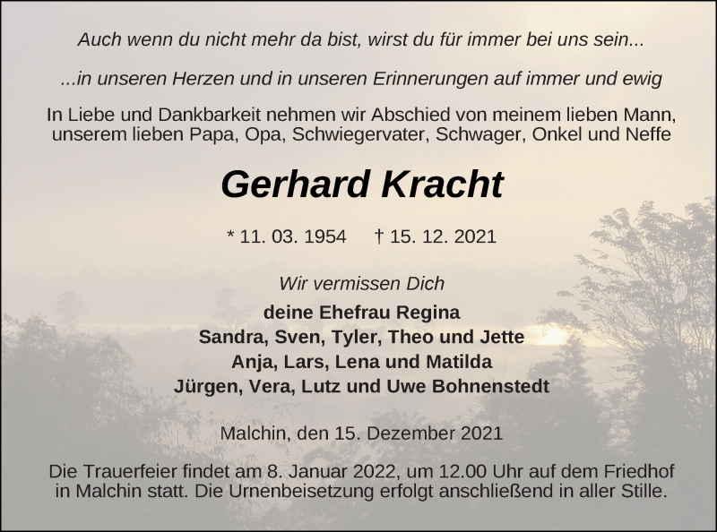  Traueranzeige für Gerhard Kracht vom 21.12.2021 aus Mecklenburger Schweiz