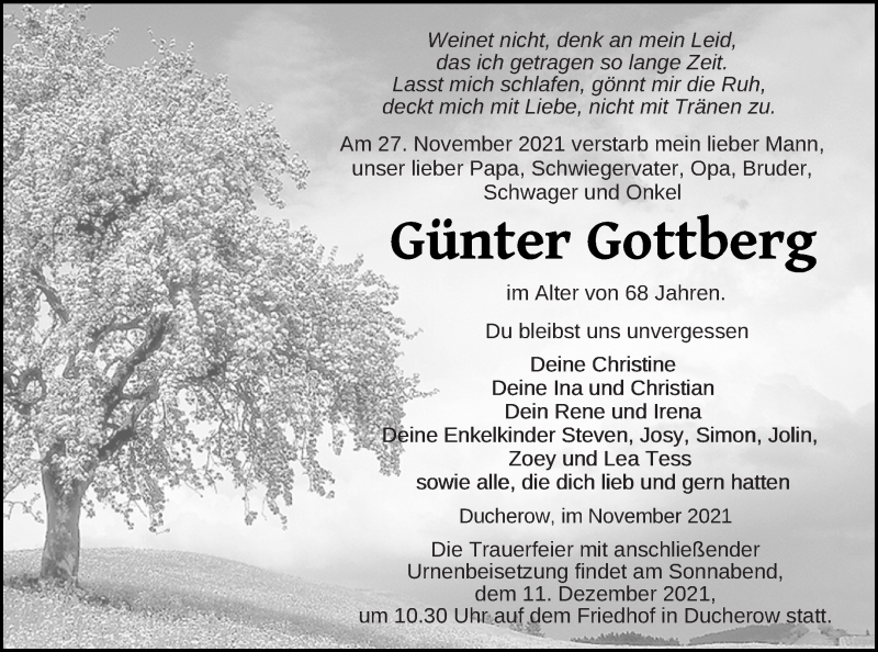  Traueranzeige für Günter Gottberg vom 03.12.2021 aus Vorpommern Kurier