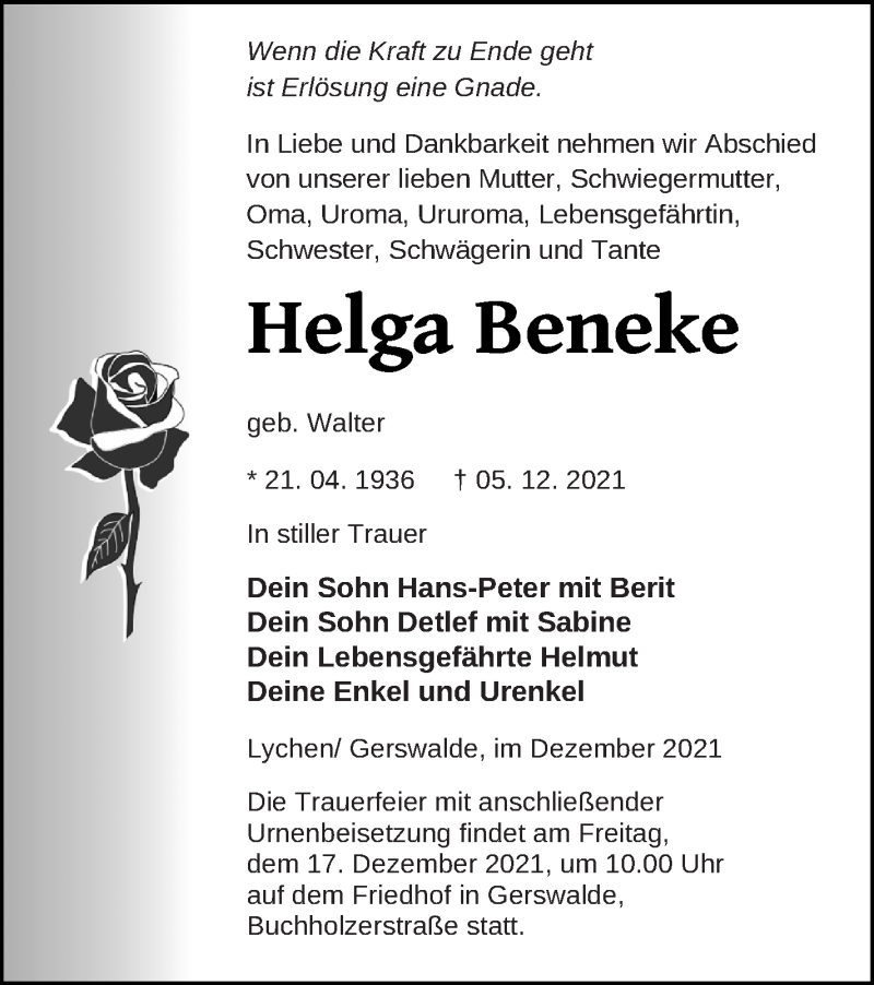  Traueranzeige für Helga Beneke vom 08.12.2021 aus Templiner Zeitung