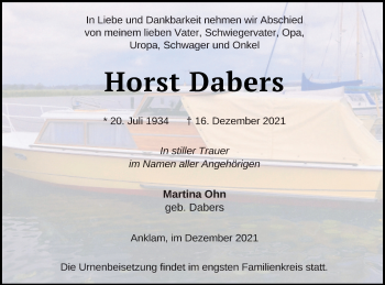 Traueranzeige von Horst Dabers von Vorpommern Kurier