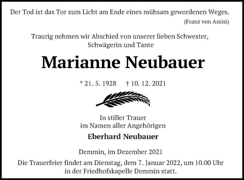 Traueranzeigen Von Marianne Neubauer Trauer Nordkurier