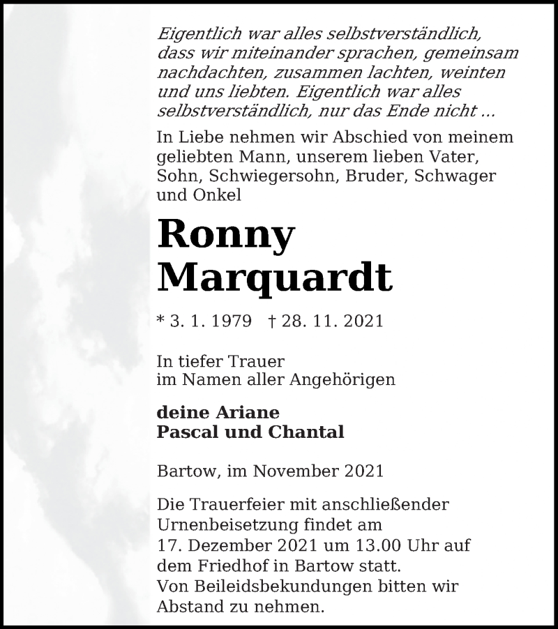  Traueranzeige für Ronny Marquardt vom 03.12.2021 aus Neubrandenburger Zeitung