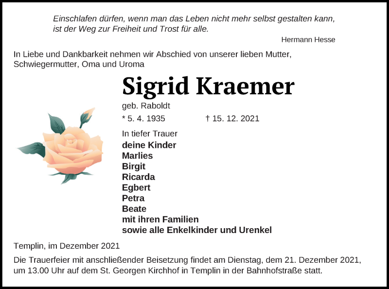  Traueranzeige für Sigrid Kraemer vom 18.12.2021 aus Templiner Zeitung