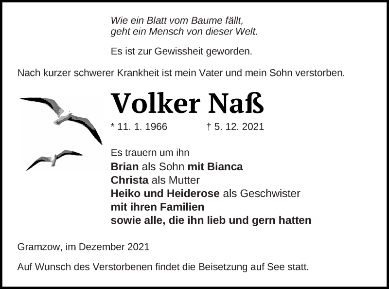  Traueranzeige für Volker Naß vom 10.12.2021 aus Prenzlauer Zeitung