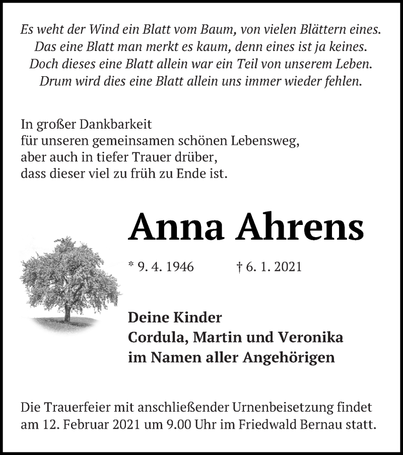  Traueranzeige für Anna Ahrens vom 06.02.2021 aus Haff-Zeitung