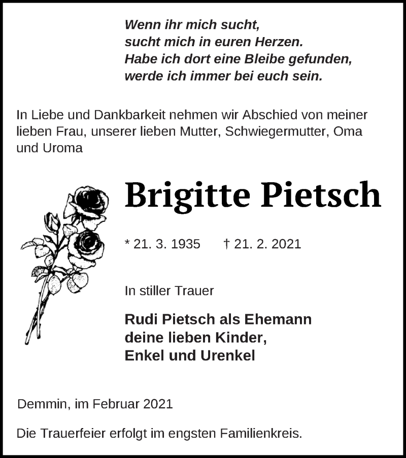  Traueranzeige für Brigitte Pietsch vom 24.02.2021 aus Demminer Zeitung