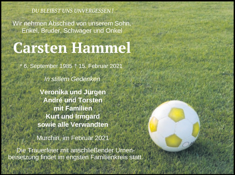  Traueranzeige für Carsten Hammel vom 20.02.2021 aus Vorpommern Kurier