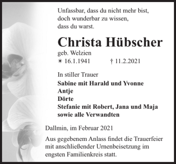 Traueranzeigen von Christa Hübscher Trauer Nordkurier