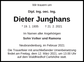 Traueranzeigen von Dieter Junghans Trauer Nordkurier