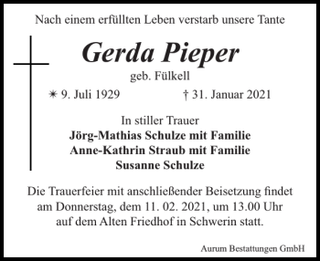 Traueranzeigen Von Gerda Pieper Trauer Nordkurier