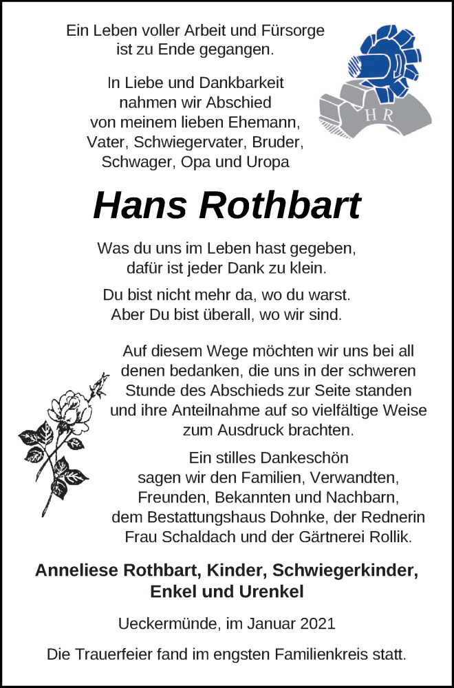  Traueranzeige für Hans Rothbart vom 12.02.2021 aus Haff-Zeitung