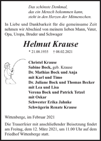 Traueranzeigen Von Helmut Krause Trauer Nordkurier