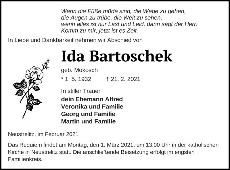  Traueranzeige für Ida Bartoschek vom 24.02.2021 aus Strelitzer Zeitung