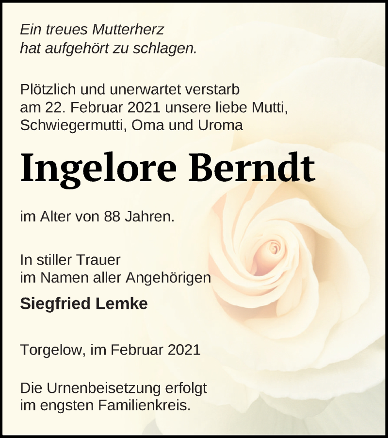  Traueranzeige für Ingelore Berndt vom 24.02.2021 aus Haff-Zeitung