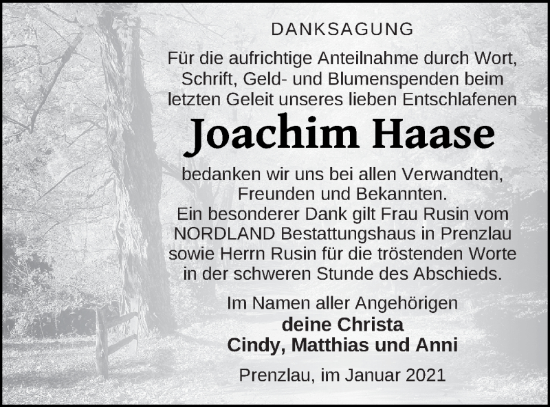  Traueranzeige für Joachim Haase vom 02.02.2021 aus Prenzlauer Zeitung