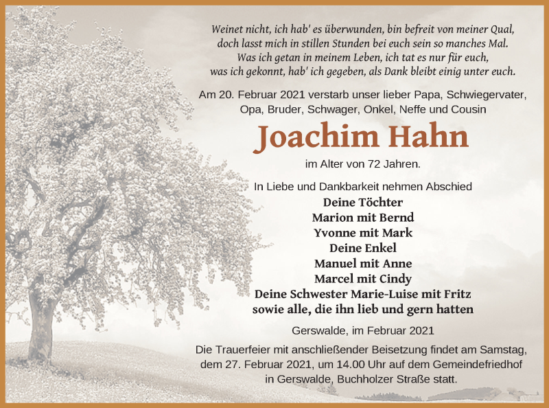  Traueranzeige für Joachim Hahn vom 24.02.2021 aus Prenzlauer Zeitung