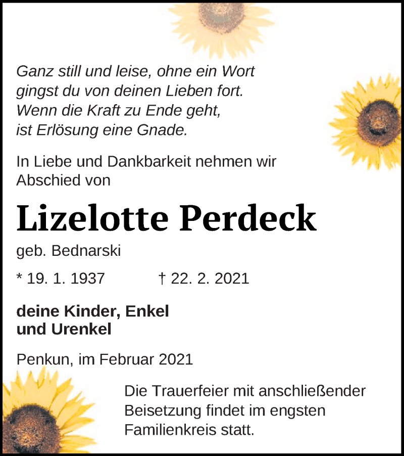  Traueranzeige für Lizelotte Perdeck vom 26.02.2021 aus Pasewalker Zeitung