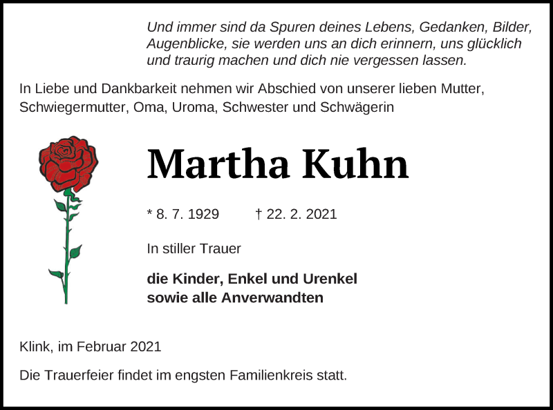  Traueranzeige für Martha Kuhn vom 26.02.2021 aus Müritz-Zeitung