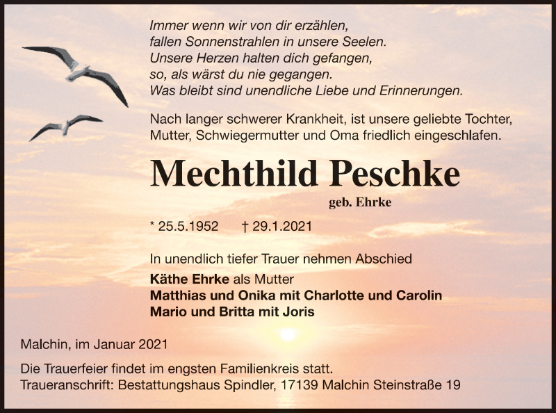  Traueranzeige für Mechthild Peschke vom 06.02.2021 aus Mecklenburger Schweiz