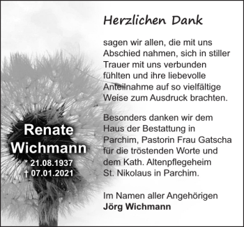 Traueranzeigen Von Renate Wichmann Trauer Nordkurier