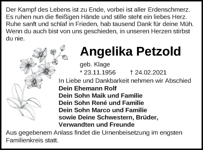  Traueranzeige für Angelika Petzold vom 02.03.2021 aus Mecklenburger Schweiz