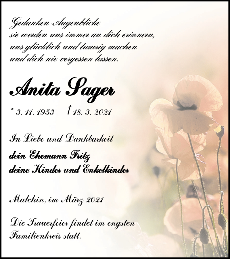  Traueranzeige für Anita Sager vom 26.03.2021 aus Mecklenburger Schweiz