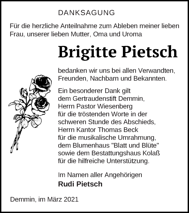  Traueranzeige für Brigitte Pietsch vom 18.03.2021 aus Demminer Zeitung