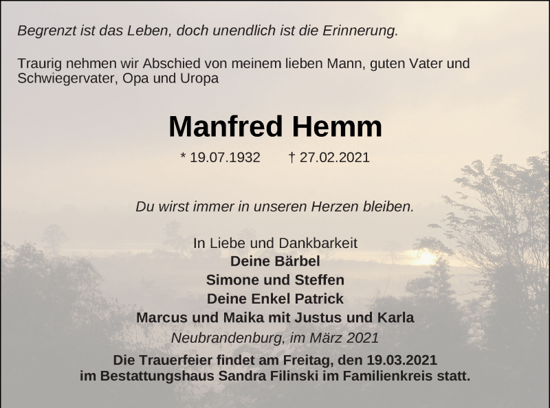  Traueranzeige für Manfred Hemm vom 06.03.2021 aus Neubrandenburger Zeitung