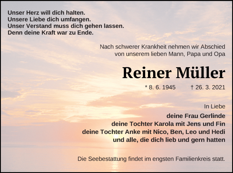  Traueranzeige für Reiner Müller vom 31.03.2021 aus Strelitzer Zeitung