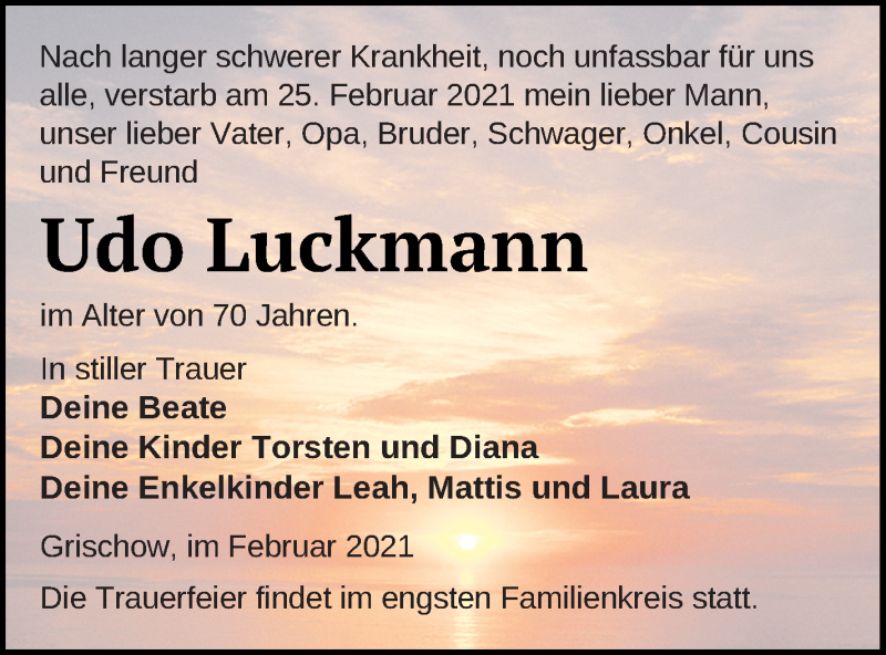  Traueranzeige für Udo Luckmann vom 05.03.2021 aus Mecklenburger Schweiz