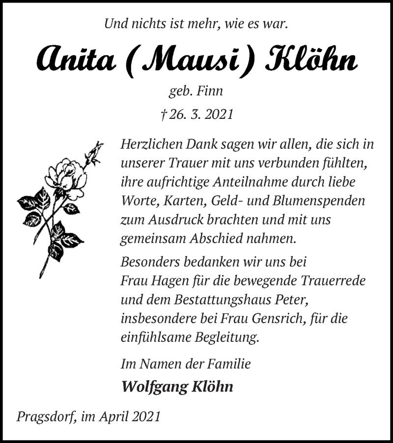  Traueranzeige für ANita Klöhn vom 17.04.2021 aus Neubrandenburger Zeitung